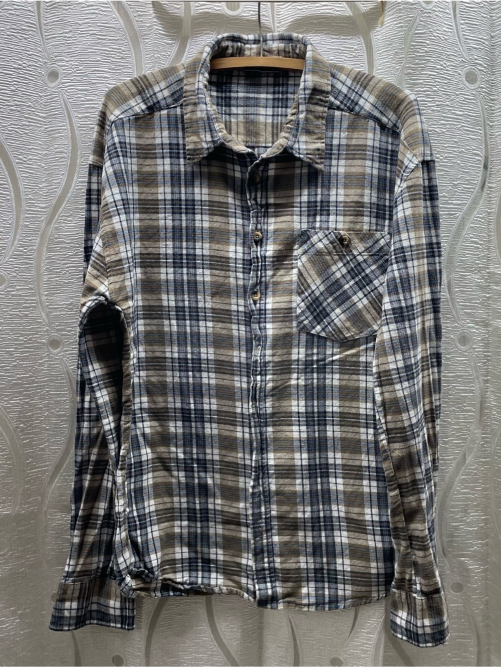 Identic Flannel Shirt Mens XL Brown Blue Plaid Cotton Good Long Sleeve Button Up